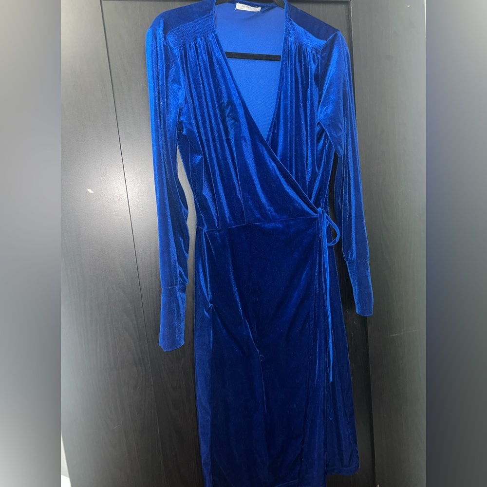 Zara Velvet Blue Wrap Tie Dress